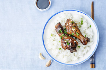 soy balsamic garlic chicken legs with rice