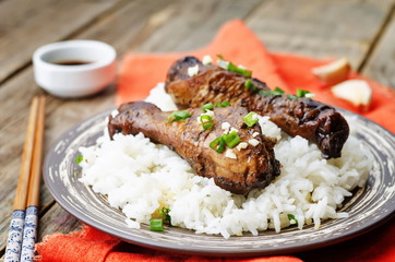 soy balsamic garlic chicken legs with rice