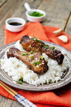 soy balsamic garlic chicken legs with rice