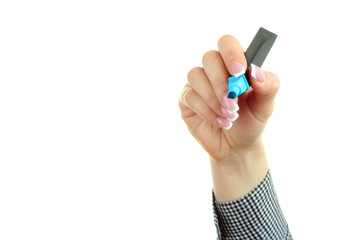 Hand holding a marker isolated on white background