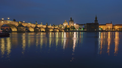 Vltava River, Charles Bridge and Prague Castle at twilight
