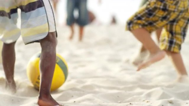 Kids playing soccer on a beach in Brazil