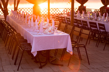 The long table in the gazebo at sunset