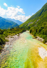 Naklejka na ściany i meble beautiful landscape of lake and mountains in summer, Bovec, Slovenia