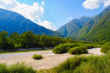 beautiful landscape of lake and mountains in summer, Bovec, Slovenia