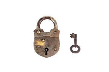 Retro padlock and key isolated on white background - 84122758