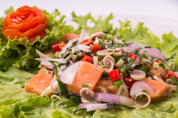 spicy salmon Fresh salad In bold is the Asian counterpart.
