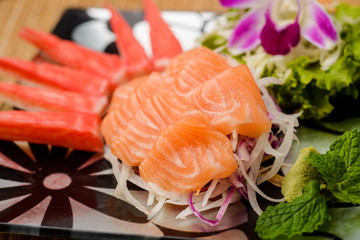 Salmon sashimi Serve with crab Served with wasabi