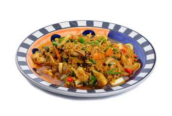 fried squid in yellow curry powder, thai food.