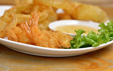 fried shrimp and paste on background.