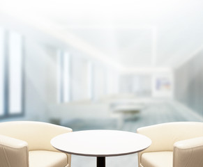 Wood Table Of Blur Background in Office