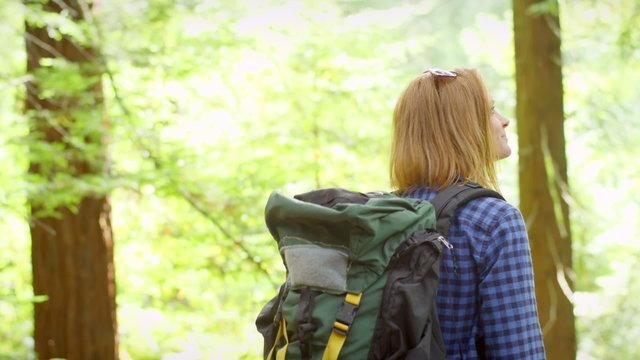 A woman hiking through the forest stops and takes a picture with her phone