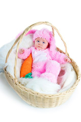 funny newborn baby dressed in Easter bunny  suit
