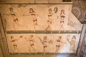Mosaic details inside roman villa at Piazza Armerina, Sicily