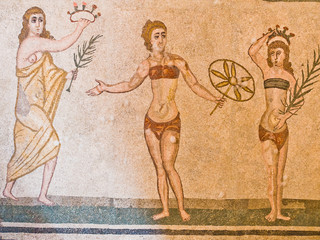 Fototapeta na wymiar Mosaic details inside roman villa at Piazza Armerina, Sicily