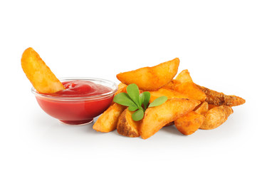 Fried potatoes and ketchup. Lettuce.
