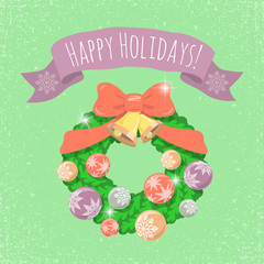 Flat Christmas wreath with ribbon and balls