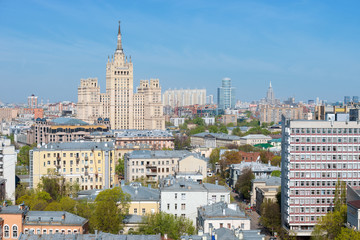 Fototapeta na wymiar Panoramic view on top of the Stalin skyscrapers on Kudrinskaya S