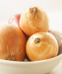Onion in white bowl close up on white background