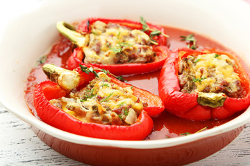 Red peppers stuffed with meat, rice and vegetables