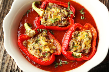 Red peppers stuffed with meat, rice and vegetables