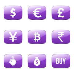 Currency Sign Square Vector Violet Icon Design Set