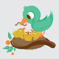 Bird mother feeding the young birds in the nest. Vector illustration.