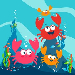 Crabs and fish swimming underwater in the sea. Vector illustration