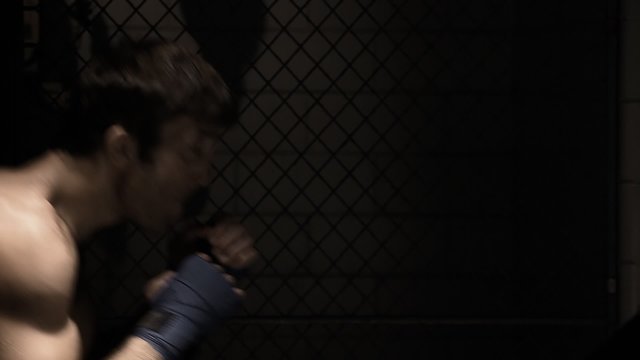 Profile of a mixed martial arts athlete shadow boxing. Medium shot.