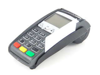 bank terminal and credit card isolated on white