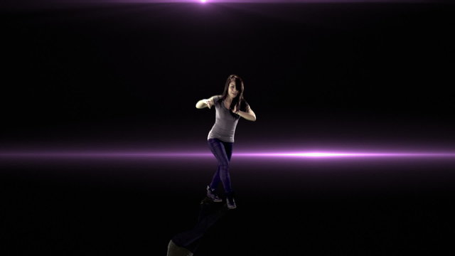 Attractive young woman dances on a virtual stage