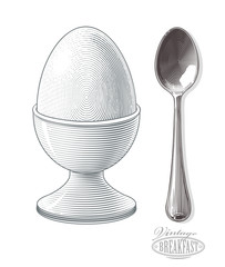 Boiled egg in eggcup with spoon on transparent background