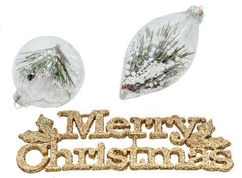Yellow sparkley Merry Christmas write, globe, ornaments
