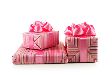 Gift box with pink bow isolated on white