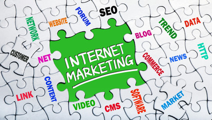 internet marketing concept with pieces of puzzle showing related