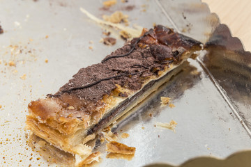 Chocolate cake slice with crumbs close up