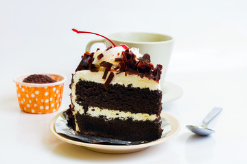 Chocolate cake, cup cake, coffee cup  on white