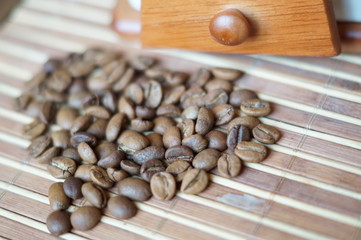 Coffee grains on a wooden cloth
