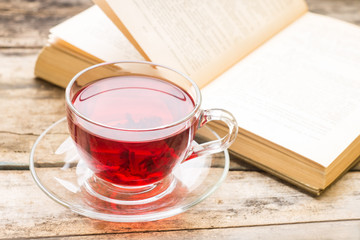 Literature background. Cup of hot tea with opened book
