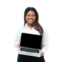 African businesswoman showing blank laptop screen