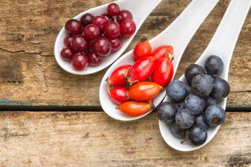 Fresh autumn berries on old wood table