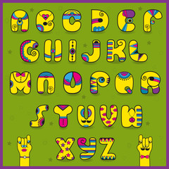 Dandy Alphabet. Funny yellow pink letters