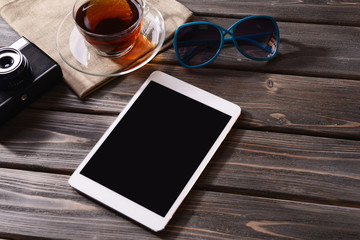 Preparing for travel,reservation ticket close-up