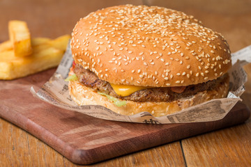 Delicious burger  on paper and fries