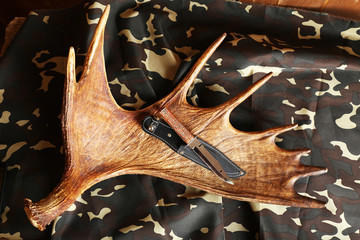 Moose antler with hunting knives on military fabric background
