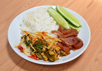 spicy stir bamboo with mussel and fried Chinese sausage