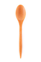 Close-up top view of wooden spoon isolated on white background.