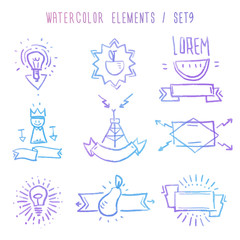 Set of hand drawn blank vintage badges, borders, frames, ribbons