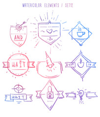 Set of hand drawn blank vintage badges, borders, frames, ribbons