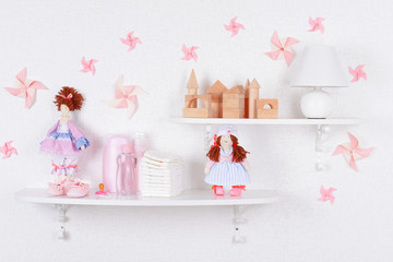 Baby accessories on shelves close-up